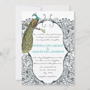 Navy Whimsical  Peacock Love Bird Pattern Wedding Invitation