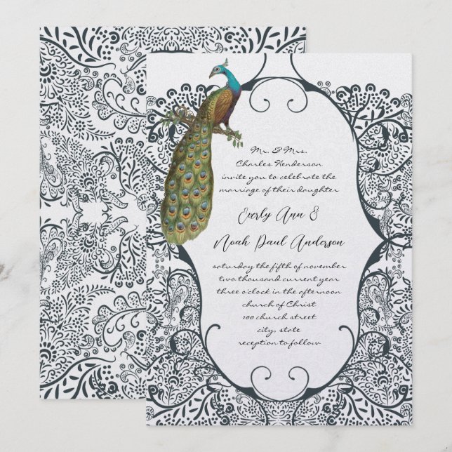 Navy Whimsical Peacock Love Bird Pattern Wedding Invitation (Front/Back)