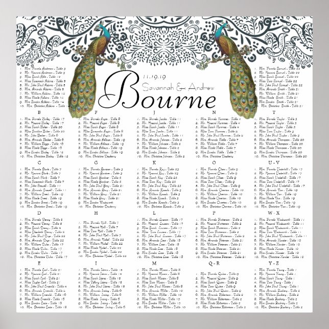 Navy Whimsical Peacock Love Bird Seating Chart (Front)