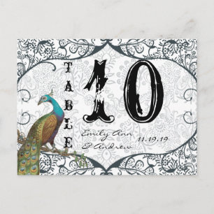 Navy Whimsical Peacock Love Bird Table Number Postcard