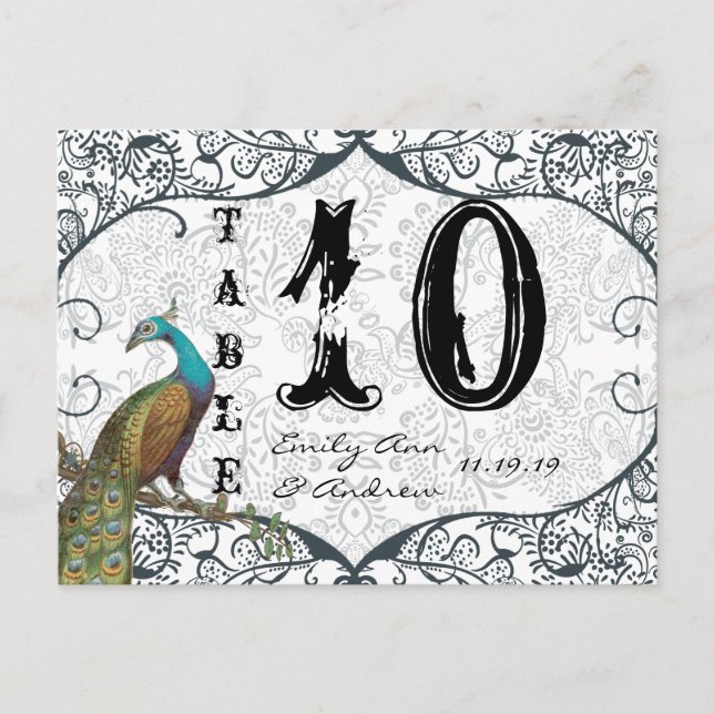 Navy Whimsical Peacock Love Bird Table Number Postcard (Front)