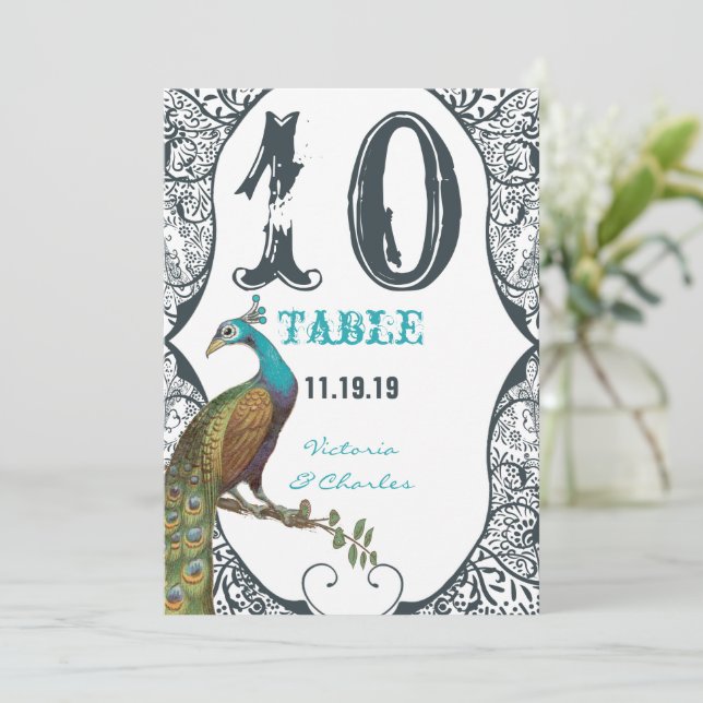 Navy Whimsical Peacock Love Bird Wedding Table No. Invitation (Standing Front)