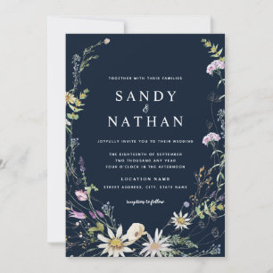 Navy Whimsical Wildflower Botanical Wedding  Invitation