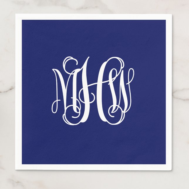 Navy White 3 Initials Vine Script Monogram DIY BG Napkin (Creator Uploaded)