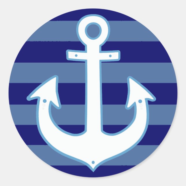 navy white anchor & blue stripes classic round sticker (Front)