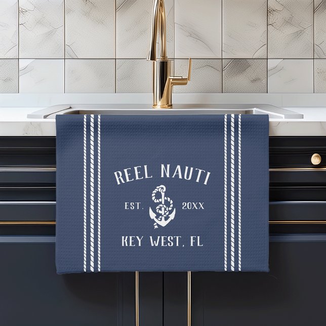 Navy & White Anchor Personalized Boat Name Kitchen Towel (Creator Uploaded)