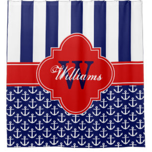 Navy White Anchor Stripe 1ICBR Red Monogram