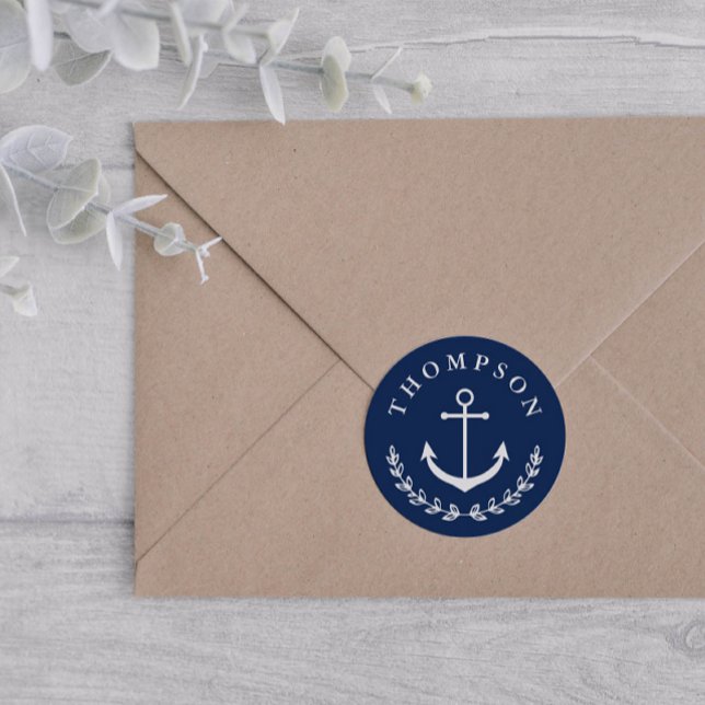 Navy White Anchor Wreath Nautical Name Wedding Classic Round Sticker (Creator Uploaded)