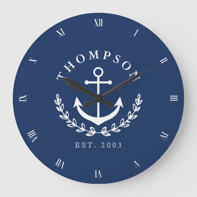 Navy White Anchor Wreath Nautical Name & Year Est Large Clock (Front)