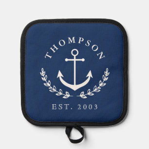 Navy White Anchor Wreath Nautical Name & Year Est Pot Holder
