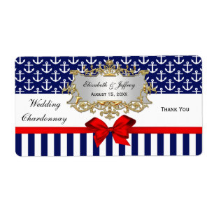 Navy White Anchors Stripe Red Bow Party Wine Label