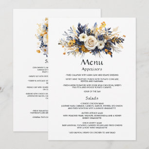Navy, White, and Gold Floral Wedding Menu