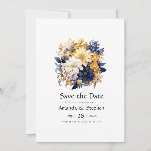 Navy, White, and Gold Floral Wedding Save The Date (Front)