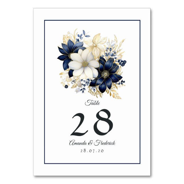 Navy, White and Gold Floral Wedding Table Number (Front)