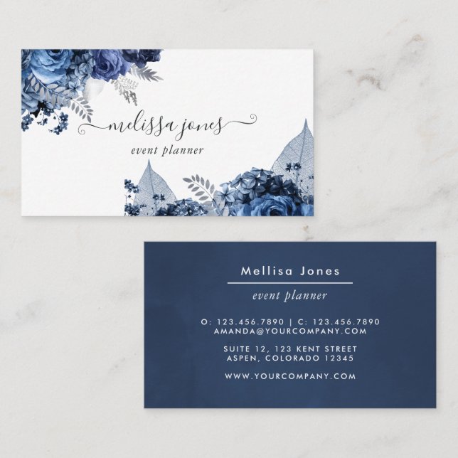 Navy, White and Silver Business Card (Front/Back)