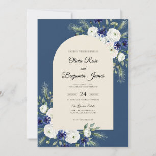 Navy White Anemone Wedding Invitation
