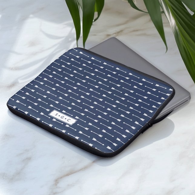 Navy & White Arrows Pattern Monogram Laptop Sleeve (Creator Uploaded)