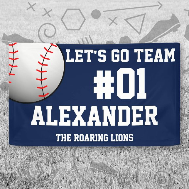 Navy White Baseball Team Spirit Banner (Navy and White Baseball Let's Go Team Banner. Celebrate your high school or college athlete.)