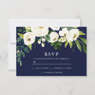 Navy & White Blooming Flowers Wedding Bridal RSVP Card