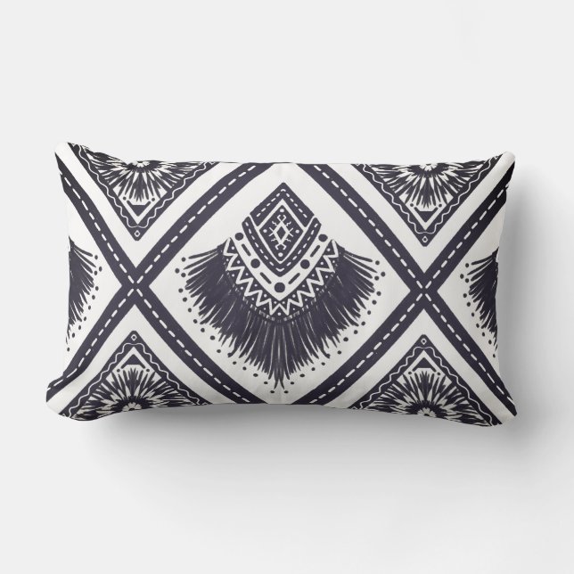 Navy White Boho Patterned Throw Pillow (Front)