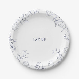Navy & White Botanical Neutral Shower Paper Plate