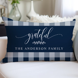 Navy & White Buffalo Check Grateful Personalized Lumbar Pillow