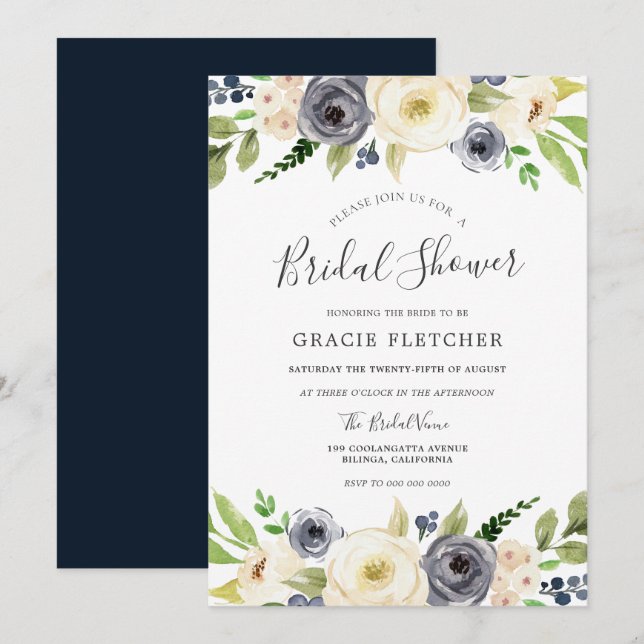 Navy & White Champagne Floral Bridal Shower Invitation (Front/Back)