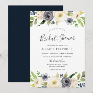 Navy & White Champagne Floral Bridal Shower Invitation