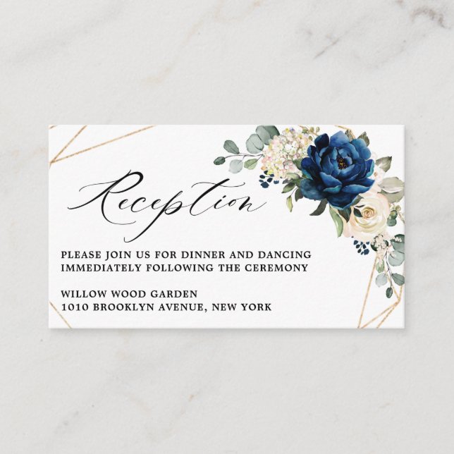 Navy White Champagne Ivory Geometric Reception Enclosure Card (Front)