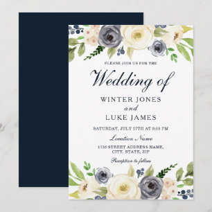 Navy & White Champagne Watercolor Floral Wedding Invitation