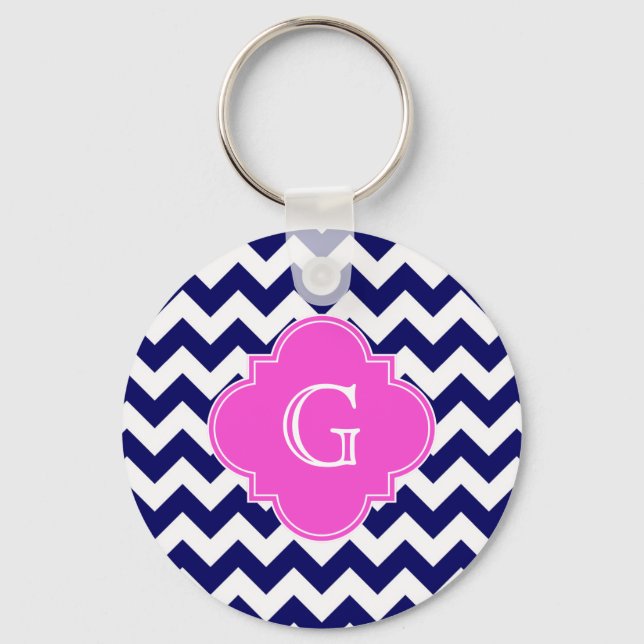 Navy White Chevron Hot Pink Quatrefoil Monogram Keychain (Front)