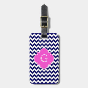 Navy White Chevron Hot Pink Quatrefoil Monogram Luggage Tag