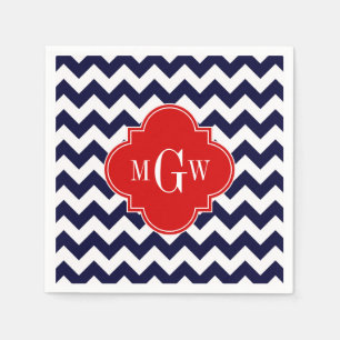 Navy White Chevron Red Quatrefoil 3 Monogram Napkin
