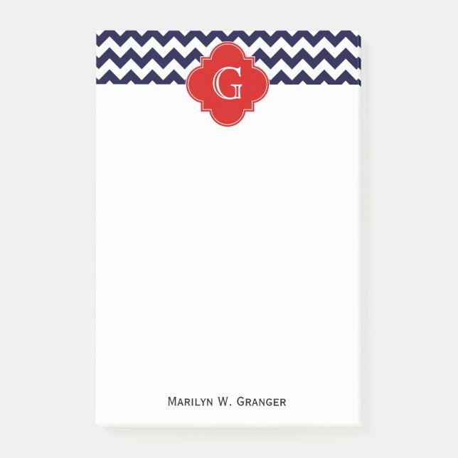 Navy White Chevron Red Quatrefoil Monogram Post-it Notes (Front)