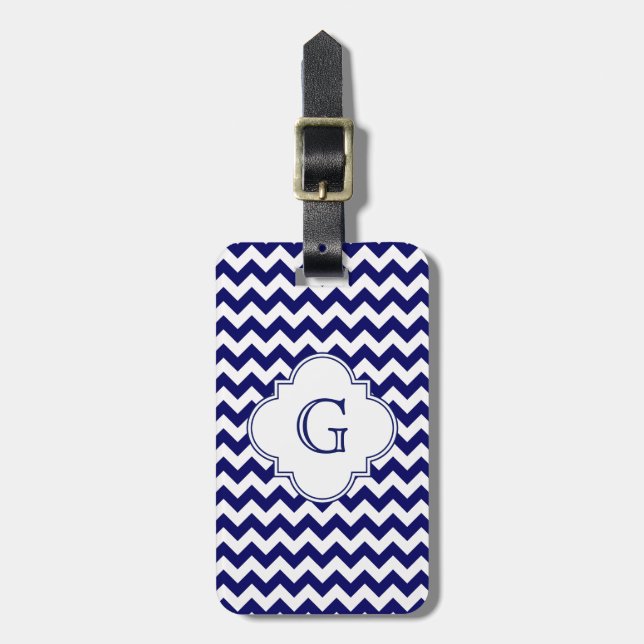 Navy White Chevron White Quatrefoil Monogram Luggage Tag (Front Vertical)