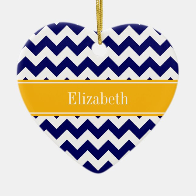 Navy White Chevron ZigZag Goldenrod Name Monogram Ceramic Ornament (Front)