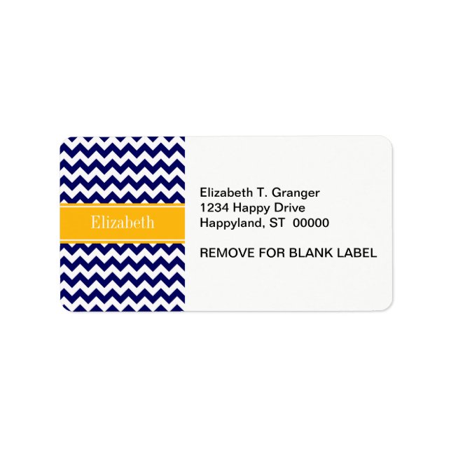 Navy White Chevron ZigZag Goldenrod Name Monogram Label (Front)