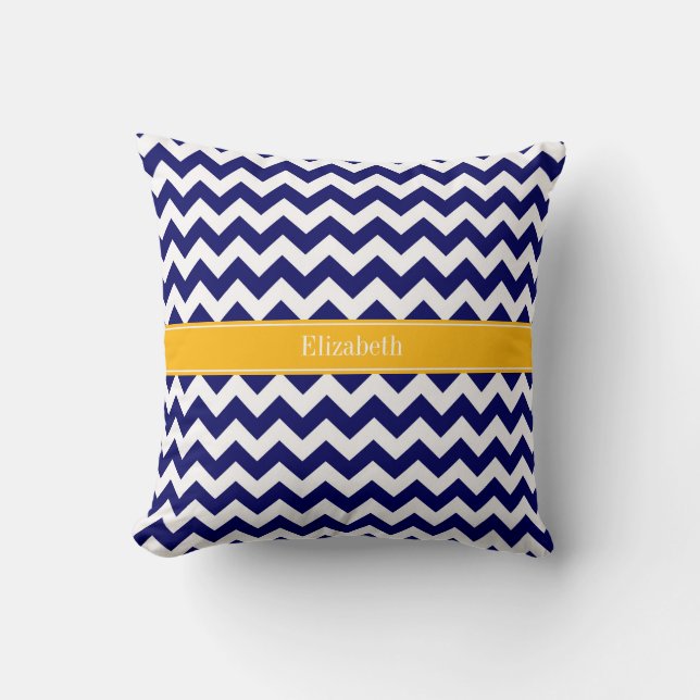 Navy White Chevron ZigZag Goldenrod Name Monogram Throw Pillow (Front)