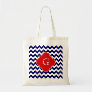 Navy White Chevron ZigZag Red Quatrefoil Monogram Tote Bag