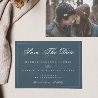 Navy White Classic Traditional Elegant Photo Save The Date