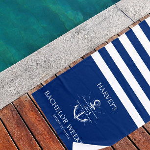 Navy & White Coastal Personalized Bachelor Weekend Beach Towel