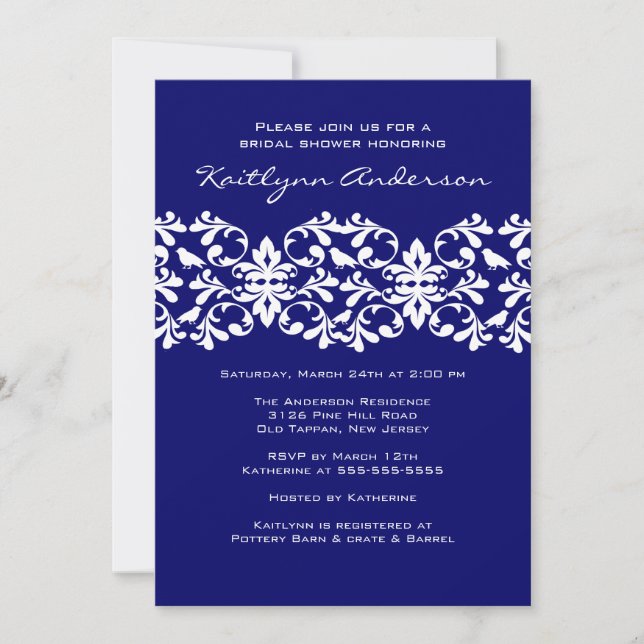 Navy & White Damask Bridal Shower Invitation (Front)