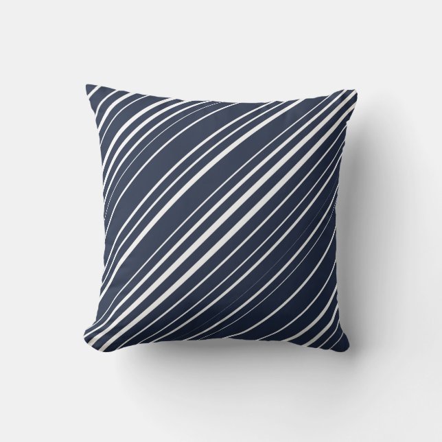 Navy & White Diagonal Stripe Pattern Throw Pillow (Front)