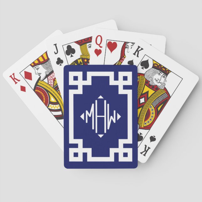 Navy White Diamond Monogram Font Greek Key DIY BG Playing Cards (Back)