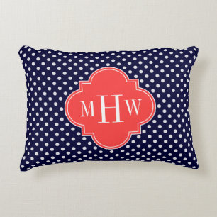 Navy White Dot Coral Red Quatrefoil 3 Monogram Accent Pillow