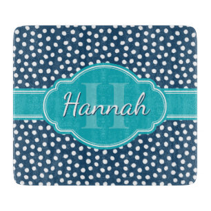 Navy White Dotted Pattern Teal Monogram Cutting Board