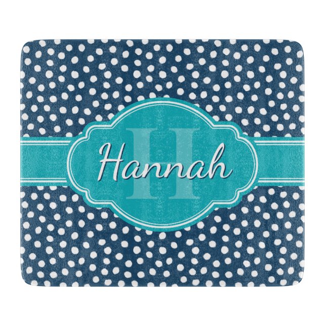 Navy White Dotted Pattern Teal Monogram Cutting Board (Front)
