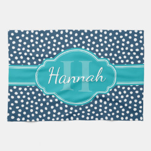 Navy White Dotted Pattern Teal Monogram Kitchen Towel