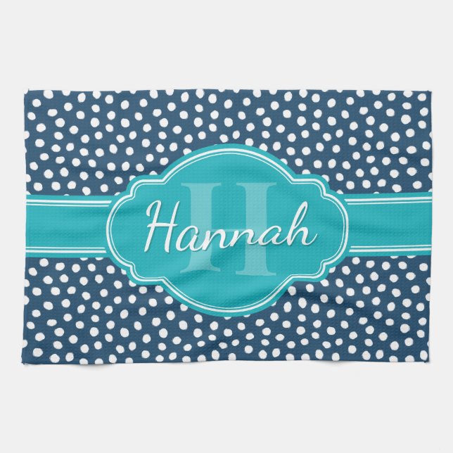 Navy White Dotted Pattern Teal Monogram Kitchen Towel (Horizontal)