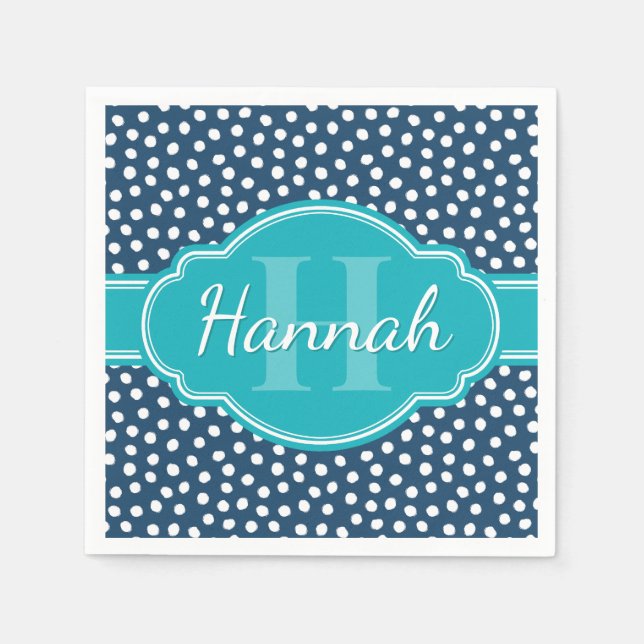 Navy White Dotted Pattern Teal Monogram Napkin (Front)